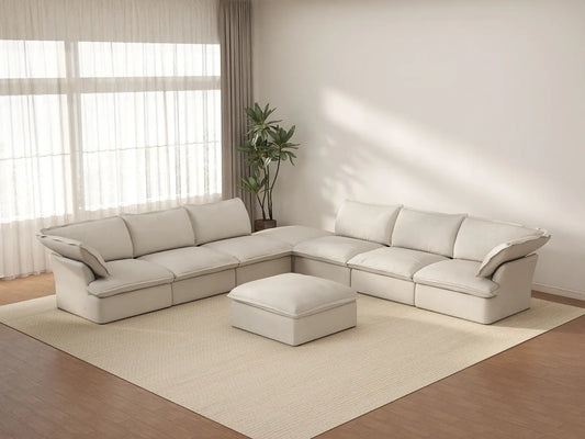 Deluxe Cloud Beige 6-Seater Sofa with Storage | 8-Piece (includes 2 ottomans), Linen and Cotton Fabric, Washable Covers