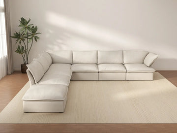 Seccional de lujo color beige nube en forma de V de 6 plazas con almacenamiento | 7 piezas (incluye 1 otomana), tela de lino y algodón, fundas lavables