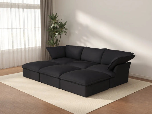 Deluxe Cloud Black 3-Seater Modular Pit Sectional | 6-Piece (includes 3 ottomans), Linen and Cotton Fabric, Storage Ottoman