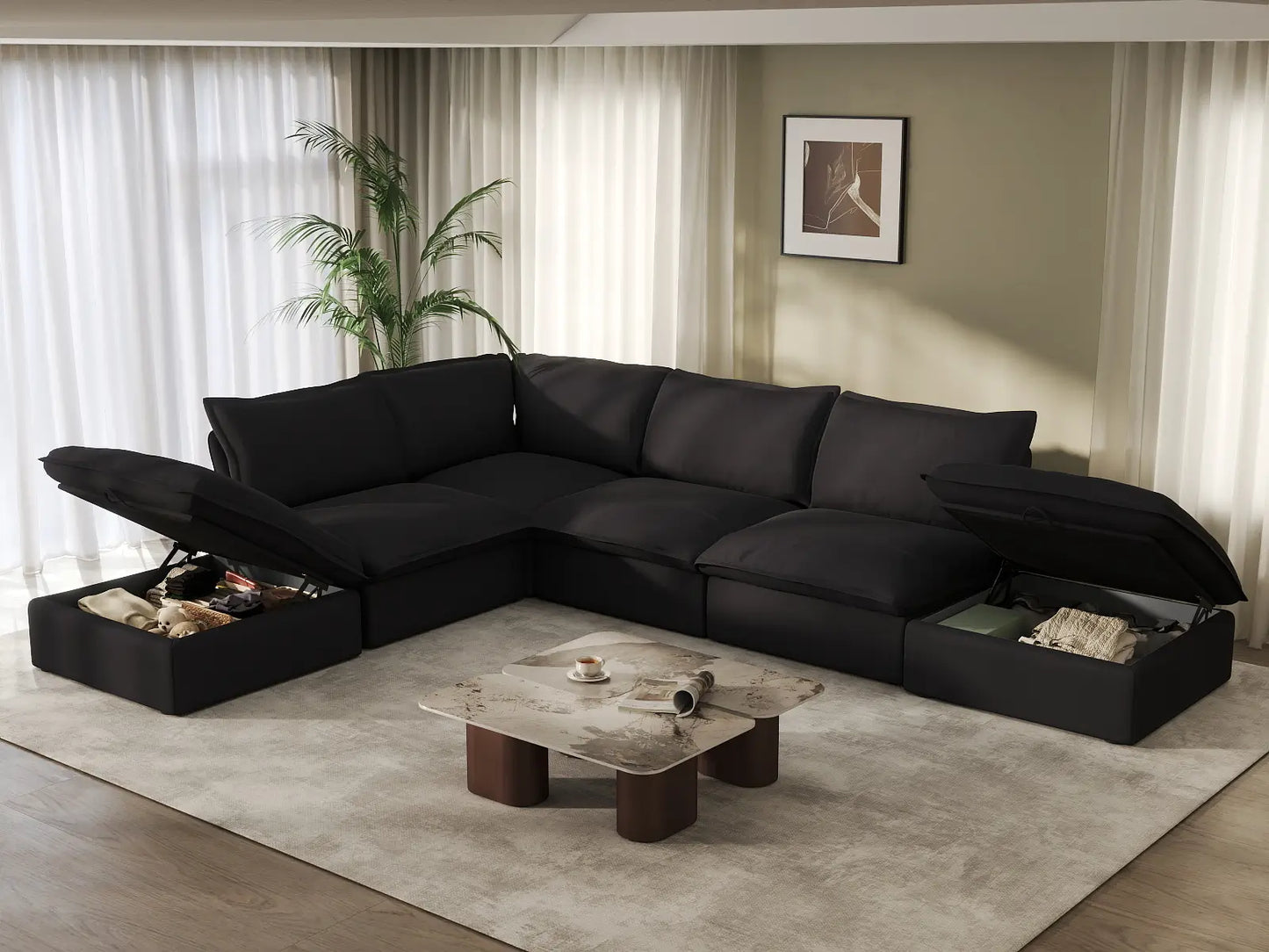 Sofá de 4 plazas en forma de L Deluxe Cloud Negro | 6 piezas (incluye 2 otomanas), tela de lino y algodón, otomana con almacenamiento