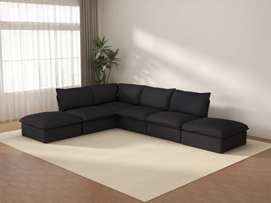 Deluxe Cloud Black 4-Seater L-Shaped Sofa | 6-Piece (includes 2 ottomans), Linen and Cotton Fabric, Storage Ottoman