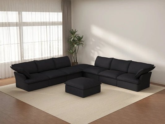 Deluxe Cloud Black 6-Seater Sofa with Storage | 8-Piece (includes 2 ottomans), Linen and Cotton Fabric, Washable Covers
