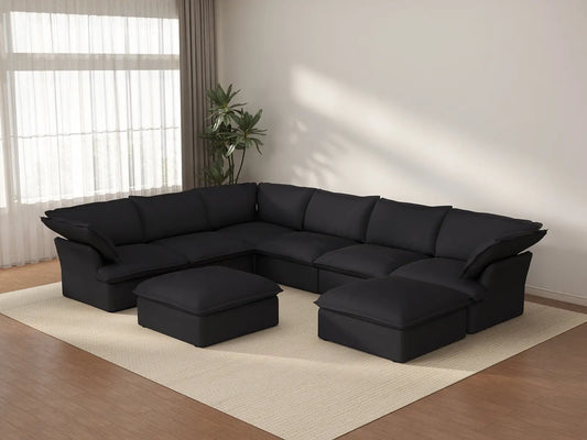 Deluxe Cloud Black 6-Seater Sofa with Storage | 8-Piece (includes 2 ottomans), Linen and Cotton Fabric, Washable Covers
