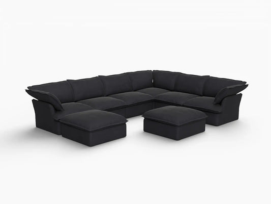 Deluxe Linen Cloud Sectional Sofas Covers | Black Linen and Cotton Sofa Cover for 6-Seater with 2-Ottoman