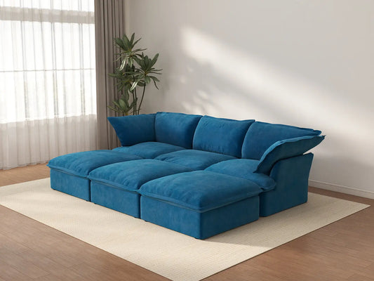 Deluxe Cloud Blue 3-Seater Modular Pit Sectional | 6-Piece (includes 3 ottomans), Velvet Fabric, Storage Ottoman