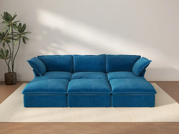 Seccional modular de lujo Cloud Blue de 3 plazas con sección de pozo | 6 piezas (incluye 3 pufs), tela de terciopelo, puf de almacenamiento