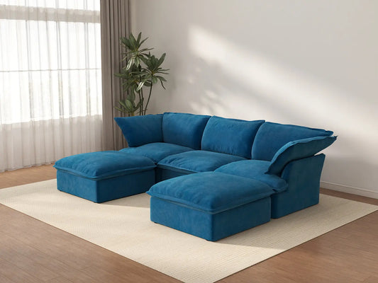 Sofá modular en forma de U de 3 plazas Deluxe Cloud Blue | 5 piezas (incluye 2 otomanas), tela de terciopelo, otomana con almacenaje