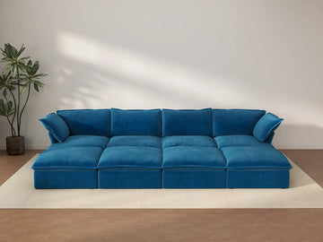 Sofá seccional Deluxe Cloud Blue con almacenamiento de 4 plazas | 8 piezas (incluye 4 otomanas), tela de terciopelo, fundas lavables