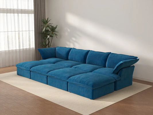Deluxe Cloud Blue 4-Seater Pit Sectional with Storage | 8-Piece (includes 4 ottomans), Velvet Fabric, Washable Covers