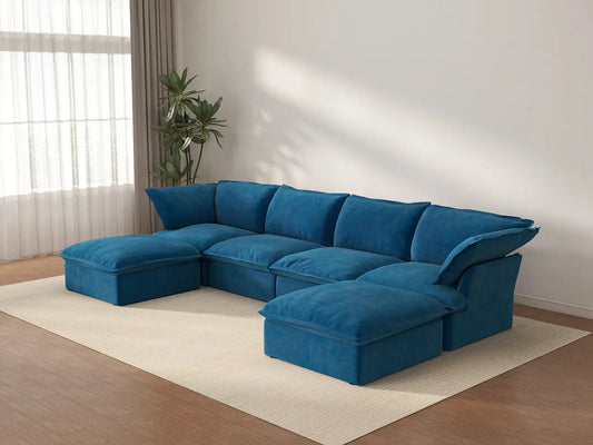 Sofá de lujo en forma de U de 4 plazas Cloud Blue con almacenaje | 6 piezas (incluye 2 otomanas), tela de terciopelo, fundas lavables