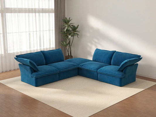 Sofá de lujo Cloud Blue de 4 plazas en forma de V con almacenamiento | 5 piezas (incluye 1 otomana), tejido de terciopelo, fundas lavables