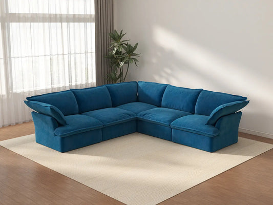 Deluxe Cloud Blue 5-Seater V-Shaped Washable Sectional | 5-Piece, Velvet Fabric, Large Space