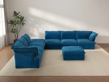 Sofá de 6 plazas Deluxe Cloud Blue con almacenaje | 8 piezas (incluye 2 otomanas), tela de terciopelo, fundas lavables