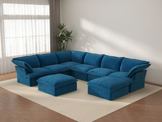Deluxe Cloud Blue 6-Seater Sofa with Storage | 8-Piece (includes 2 ottomans), Velvet Fabric, Washable Covers