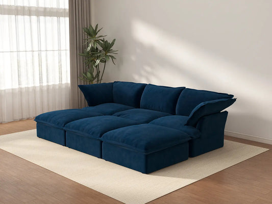 Deluxe Cloud Dark Blue 3-Seater Modular Pit Sectional | 6-Piece (includes 3 ottomans), Velvet Fabric, Storage Ottoman