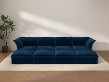 Seccional Deluxe Cloud "Pit" de 4 plazas en Azul Oscuro con Almacenamiento | 8 piezas (incluye 4 otomanas), Tela de Terciopelo, Fundas Lavables