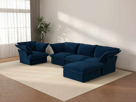 Sofá de 4 plazas Deluxe Cloud azul oscuro con almacenamiento | 5 piezas (incluye 1 otomana), tela de terciopelo, fundas lavables