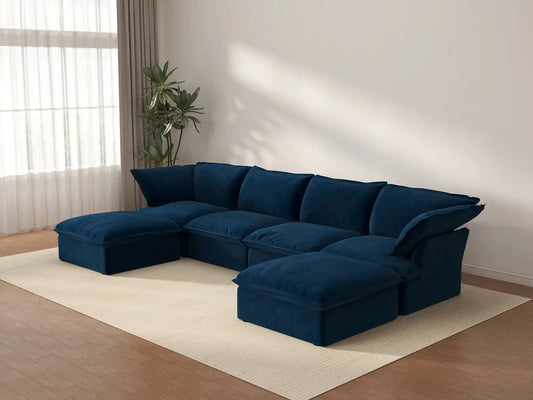 Sofá seccional de 4 plazas con forma de U Deluxe Cloud azul oscuro con almacenamiento | 6 piezas (incluye 2 otomanas), tela de terciopelo, fundas lavables