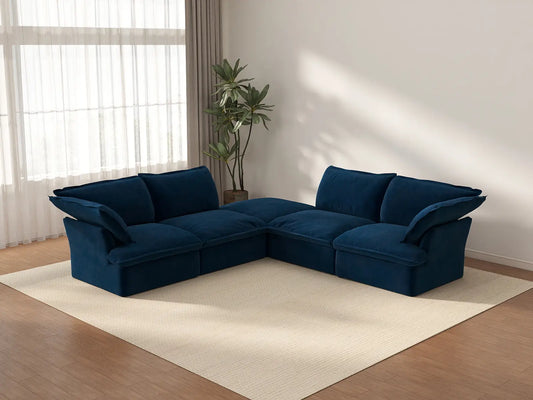 Sofá Modular en Forma de V de 4 Plazas Deluxe Cloud Azul Oscuro | 5 Piezas (incluye 1 otomana), Tela de Terciopelo, Otomana con Almacenamiento