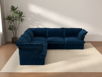 Sofá de lujo en forma de V de 5 plazas azul oscuro nube | 5 piezas, tela de terciopelo, fundas lavables