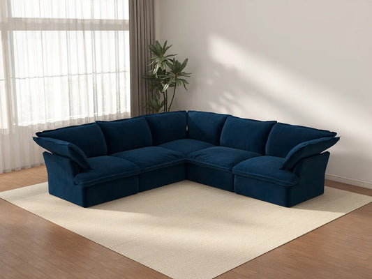 Sofá de lujo en forma de V de 5 plazas azul oscuro nube | 5 piezas, tela de terciopelo, fundas lavables