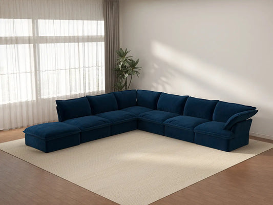 Deluxe Cloud Dark Blue 6-Seater V-Shaped Modular Sofa | 7-Piece (includes 1 ottoman), Velvet Fabric, Storage Ottoman