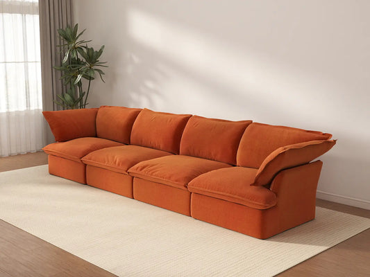 Deluxe Cloud Dark Orange 4-Seater Couch Sectional | 4-Piece, Velvet Fabric, Washable Covers