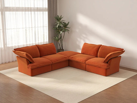 Sofá deluxe en forma de V de 4 plazas en naranja oscuro Cloud con almacenamiento | 5 piezas (incluye 1 otomana), tela de terciopelo, fundas lavables