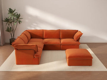 Deluxe Cloud Dark Orange 5-Seater Sofa with Storage | 6-Piece (includes 1 ottoman), Velvet Fabric, Washable Covers