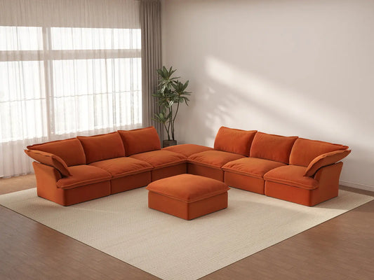 Deluxe Cloud Dark Orange 6-Seater Sofa with Storage | 8-Piece (includes 2 ottomans), Velvet Fabric, Washable Covers