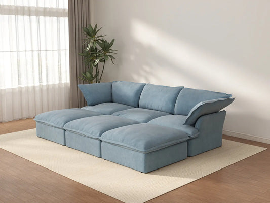 Deluxe Cloud Light Blue 3-Seater Modular Pit Sectional | 6-Piece (includes 3 ottomans), Velvet Fabric, Storage Ottoman