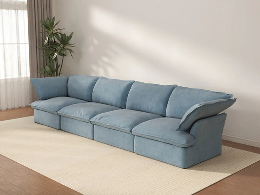 Deluxe Cloud Light Blue 4-Seater Couch Sectional | 4-Piece, Velvet Fabric, Washable Covers