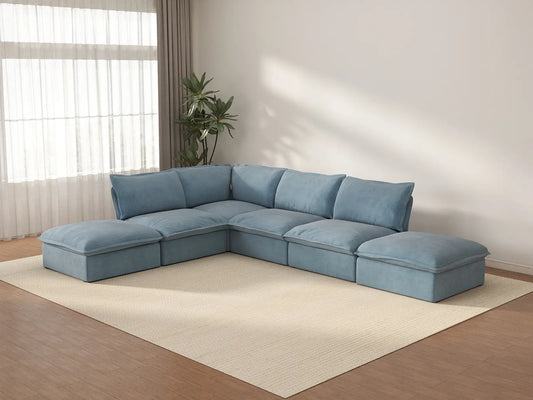 Sofá de 4 plazas Deluxe Cloud azul claro con almacenaje | 6 piezas (incluye 2 otomanas), tela de terciopelo, fundas lavables