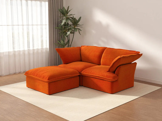 Seccional Chaise Deluxe Cloud Orange de 2 plazas | 3 piezas (incluye 1 otomana), tela de terciopelo, otomana con almacenamiento