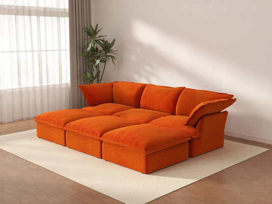 Deluxe Cloud Orange 3-Seater Modular Pit Sectional | 6-Piece (includes 3 ottomans), Velvet Fabric, Storage Ottoman