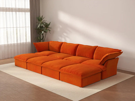 Deluxe Cloud Orange 4-Seater Pit Sectional with Storage | 8-Piece (includes 4 ottomans), Velvet Fabric, Washable Covers