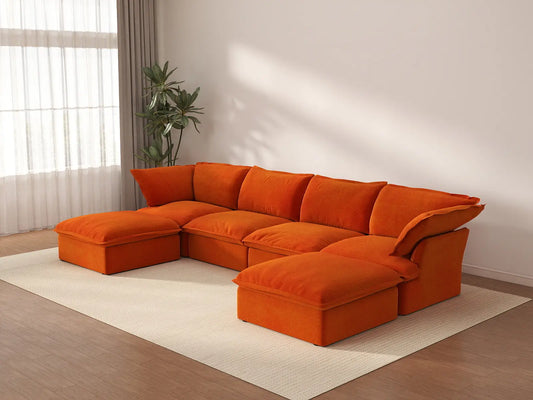 Sofá de almacenamiento Deluxe Cloud Orange de 4 plazas en forma de U | 6 piezas (incluye 2 otomanas), tela de terciopelo, fundas lavables