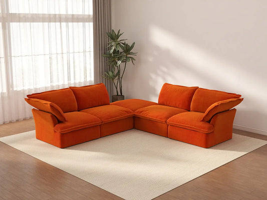 Sofá Deluxe Cloud Naranja en forma de V de 4 plazas con almacenamiento | 5 piezas (incluye 1 otomana), tela de terciopelo, fundas lavables