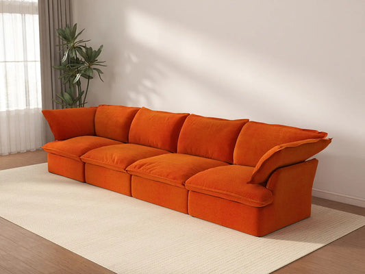 Deluxe Cloud Orange 4-Seater Washable Couch Sectional | 4-Piece, Velvet Fabric, Large Space