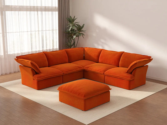 Juego de sofá de 5 plazas Deluxe Cloud color naranja con almacenaje | 6 piezas (incluye 1 otomana), tela de terciopelo, fundas lavables