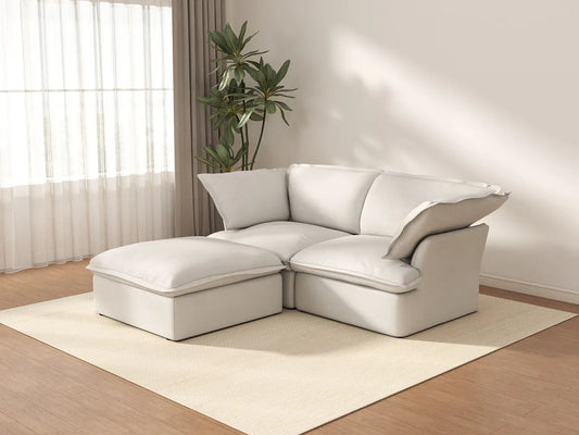 Deluxe Cloud White 2-Seater Chaise Sectional Small Space | 3-Piece (includes 1 ottoman), Linen and Cotton Fabric, Storage Ottoman
