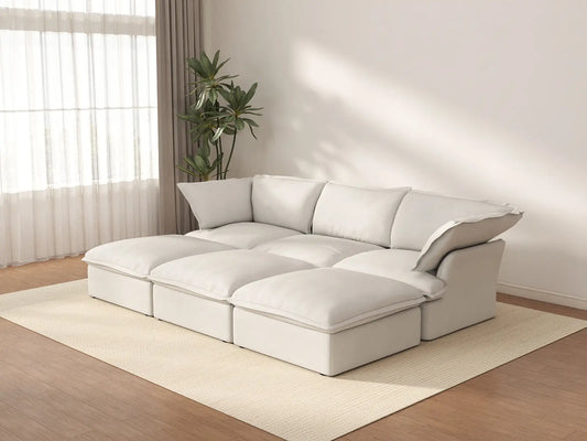 Deluxe Cloud White 3-Seater Modular Pit Sectional | 6-Piece (includes 3 ottomans), Linen and Cotton Fabric, Storage Ottoman