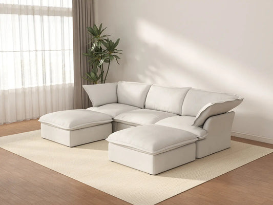 Seccional modular de lujo de 3 asientos Cloud White | 5 piezas (incluye 2 otomanas), tela de lino y algodón, otomana con almacenamiento
