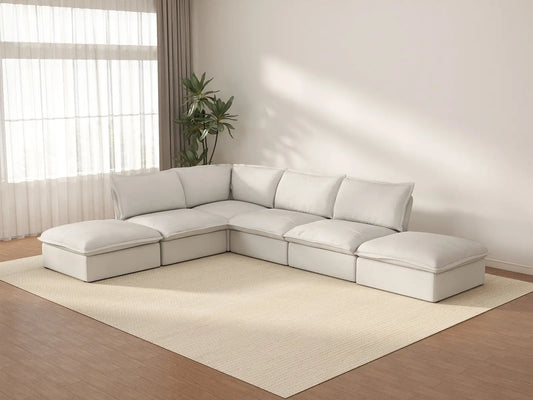 Deluxe Cloud White 4-Seater L-Shaped Sofa with Storage | 6-Piece (includes 2 ottomans), Linen and Cotton Fabric, Washable Covers