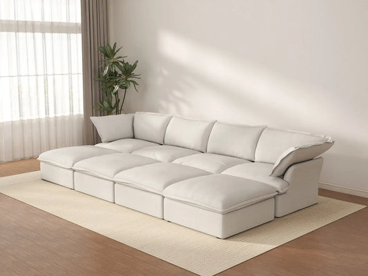 Deluxe Cloud White 4-Seater Pit Sectional with Storage | 8-Piece (includes 4 ottomans), Linen and Cotton Fabric, Washable Covers