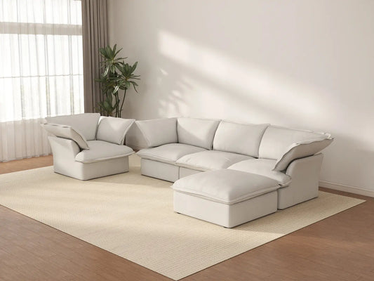 Deluxe Cloud White 4-Seater Sofa with Storage | 5-Piece (includes 1 ottoman), Linen and Cotton Fabric, Washable Covers