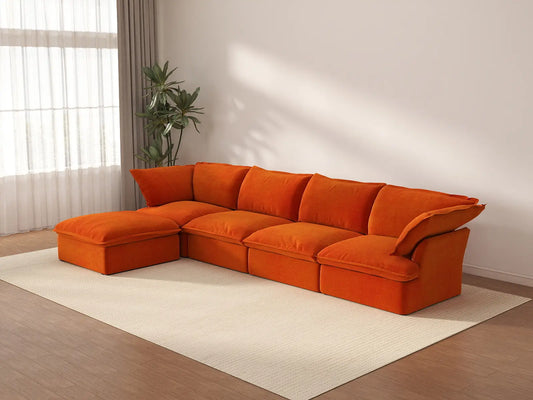 Sofá modular Deluxe Cloud de 4 plazas en forma de L | 5 piezas (incluye 1 otomana), tela de terciopelo, otomana de almacenamiento
