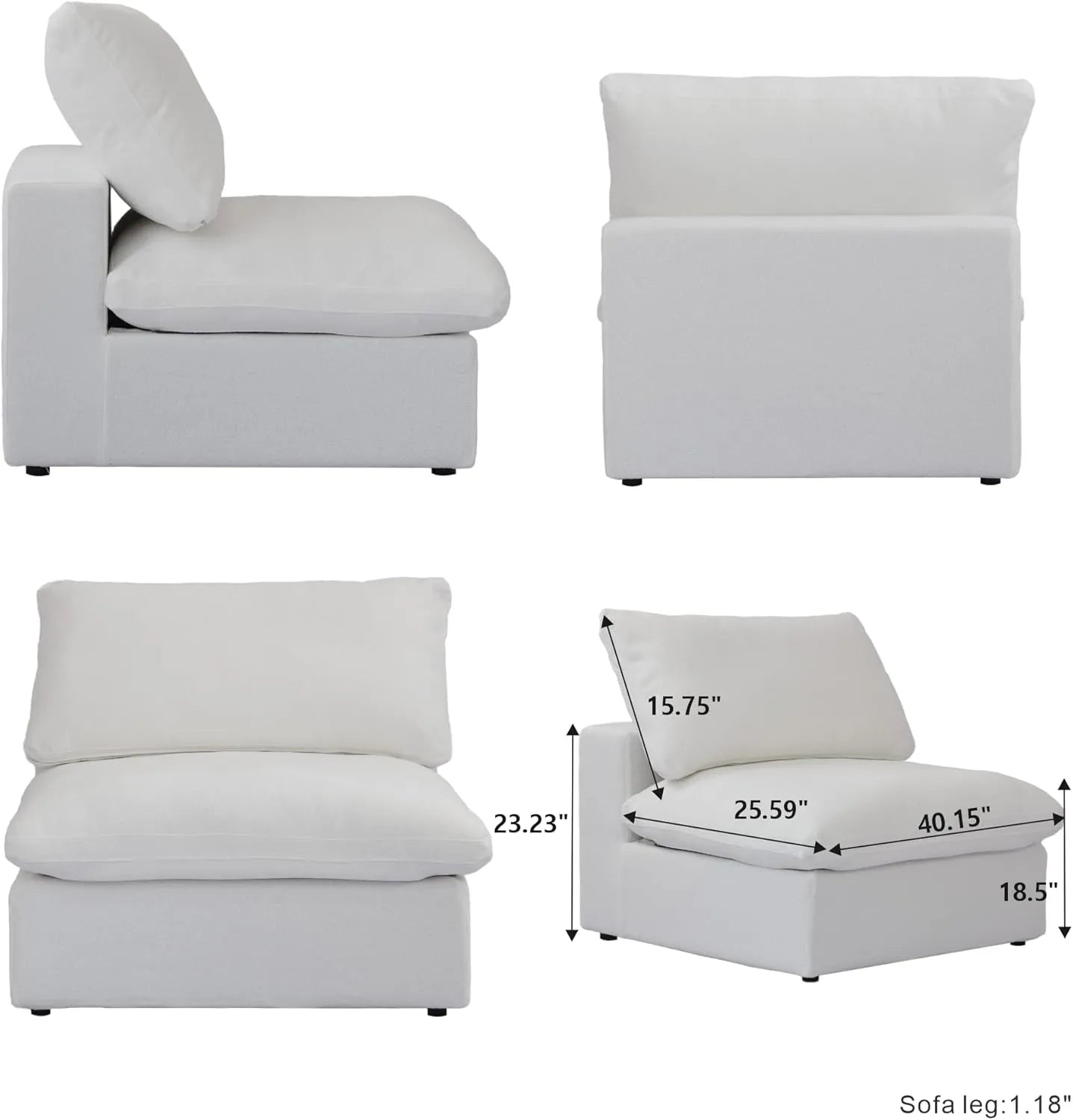 Deluxe Premium Cloud Sectional Sofas | White Cotton and Linen Armless Single Sofa 1-seater