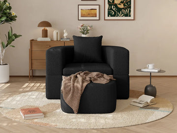 Essential 1-Seater Black Small Space Single Sofa | Teddy Velvet Fabric, Includes Ottoman, Convertible Sleeper Design