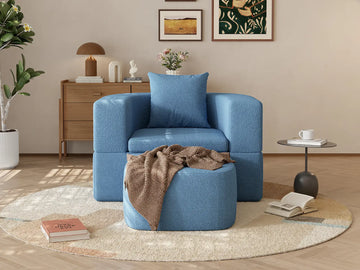 Essential 1-Seater Blue Small Space Single Sofa | Teddy Velvet Fabric, Includes Ottoman, Convertible Sleeper Design